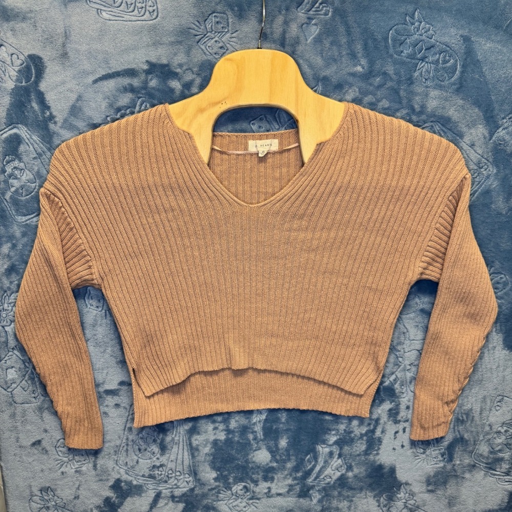 1808 | L.A. Hearts Ribbed Cropped V-Neck Cotton Pullover Sweater Tan Women XS